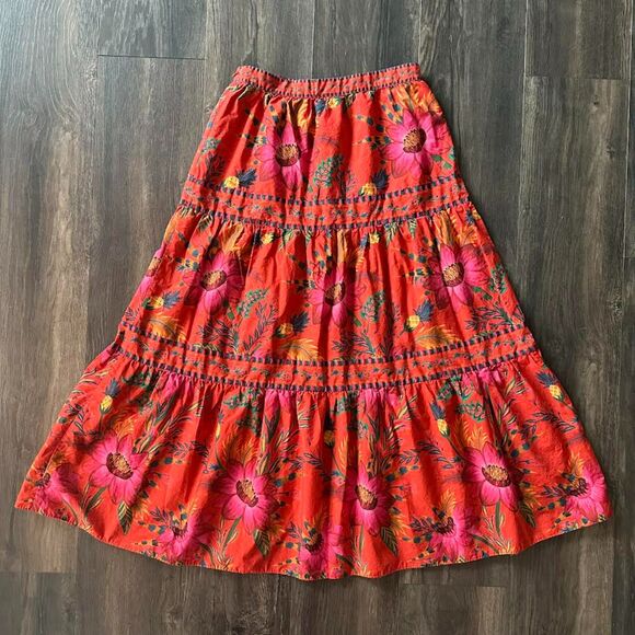 Farm Rio Maxi Skirt Tiered Red Casual Hi Rise Floral Pineapple Plants Size Small - Picture 4 of 6